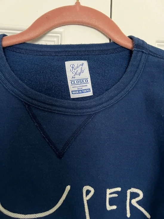 CLOSED Blue Crewneck Sweatshirt  "SUPER"  embroidered across chest Small NWOT - Picture 6 of 8